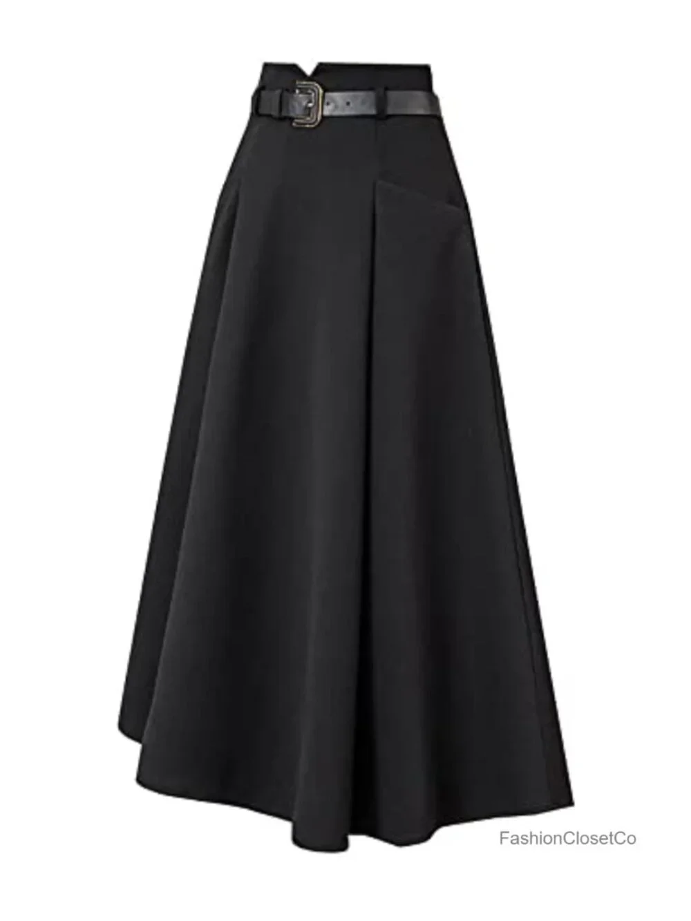 High Waisted A-Line Wool Blend Midi Skirt with Pockets & Belt